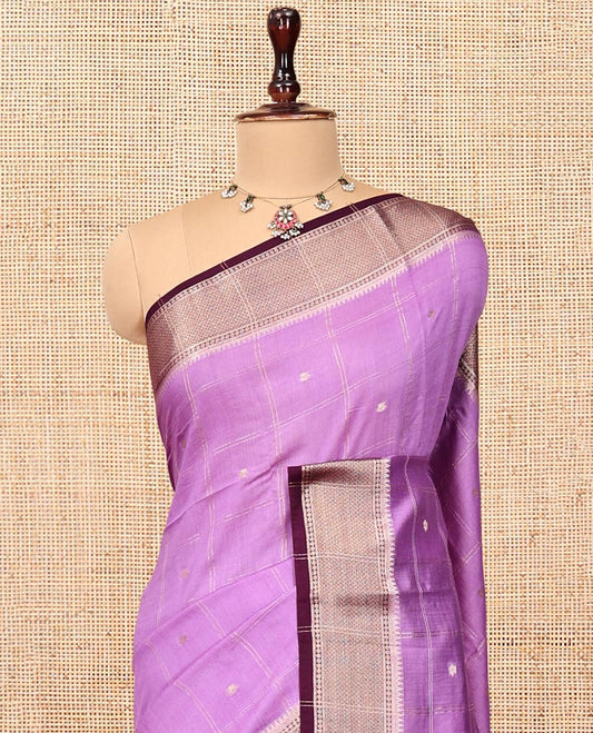 Light Purple Assam Silk Saree, Detailed with Zari Butta Enclosed Checks, Complemented by a Contrast Traditional Zari Border, Zari Design Pallu, and a Contrast Blouse