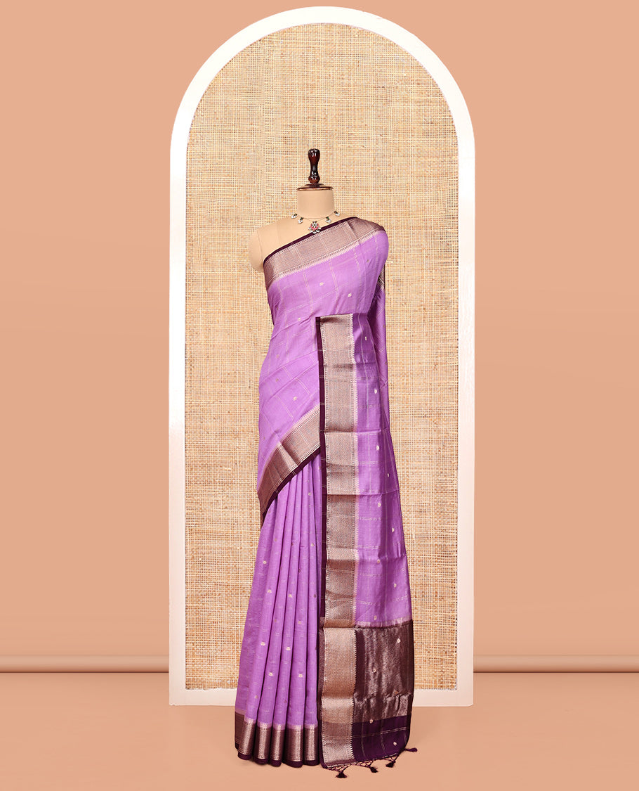 Light Purple Assam Silk Saree, Detailed with Zari Butta Enclosed Checks, Complemented by a Contrast Traditional Zari Border, Zari Design Pallu, and a Contrast Blouse