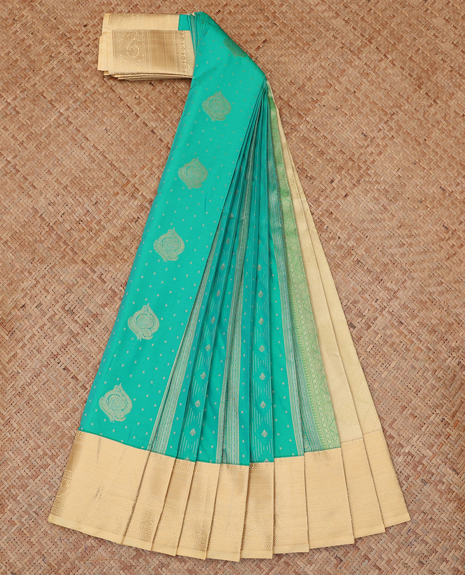 Turquoise Budget Silk Saree, Elevated with Zari Buttas and Stripes, a Contrast Traditional Zari Border, Sparsely Woven Pallu, and a Contrast Blouse