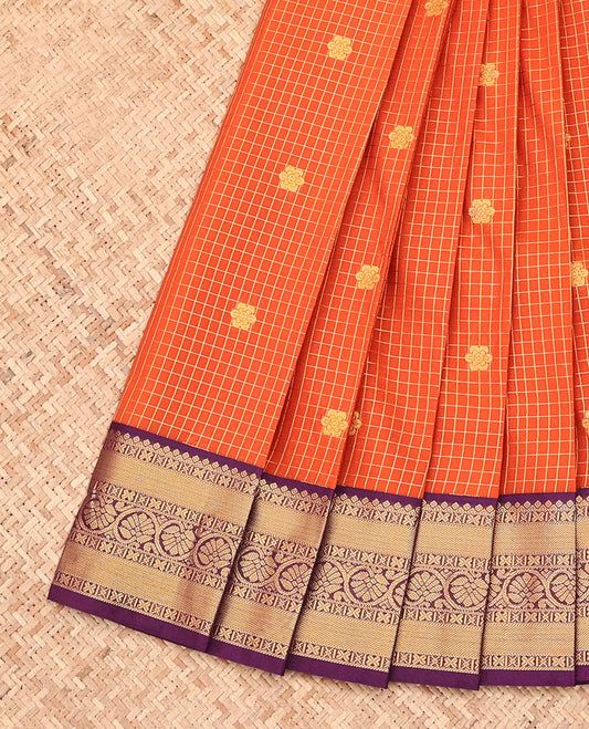 Orange Budget Silk Saree, Embellished with Zari Buttas, Complemented by a Contrast Traditional Zari Border, Grand Jaal Pallu, and a Contrast Blouse