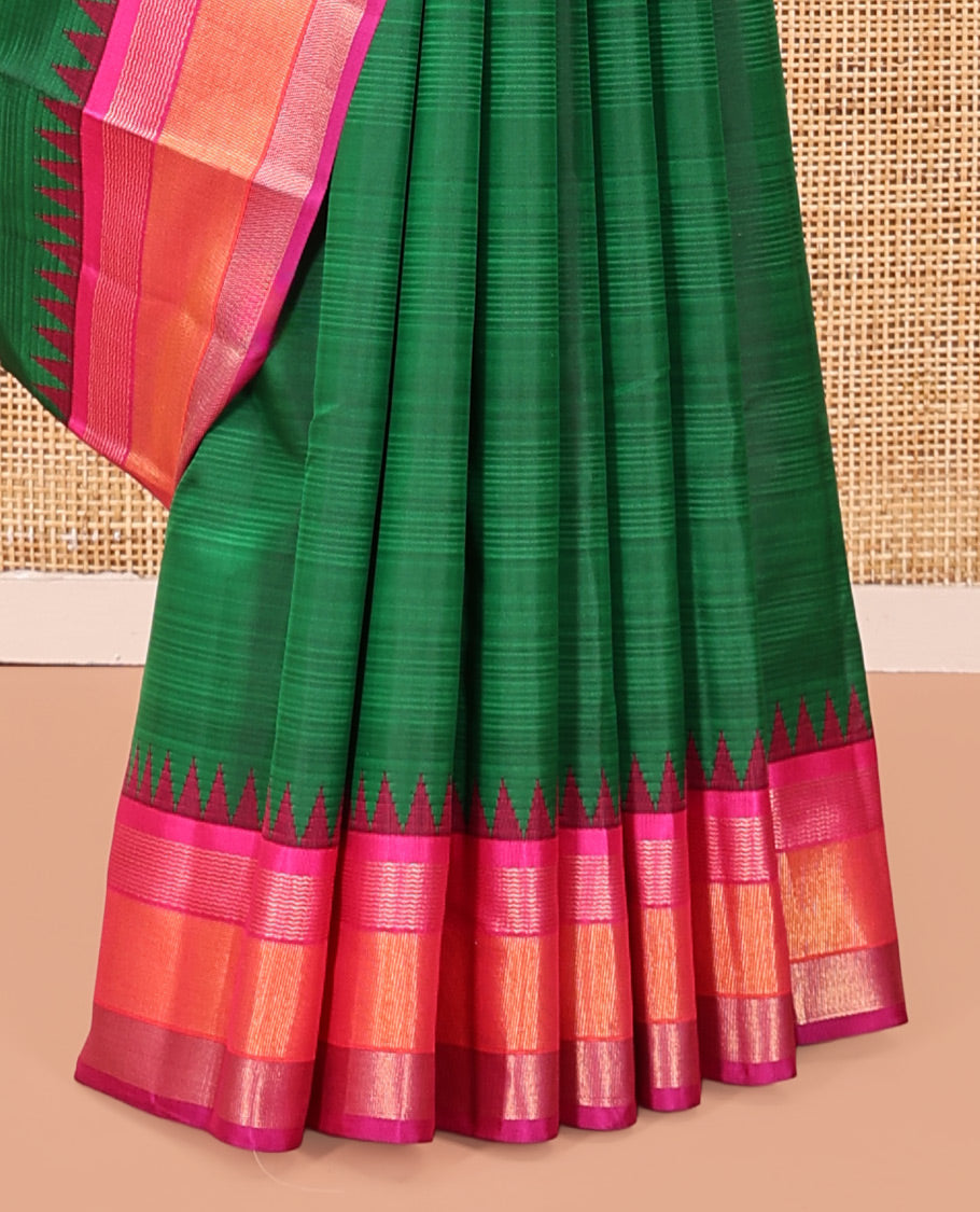 Green-Striped Bangalore Silk Saree, Complemented by a Contrast Temple Ganga-Jamuna Border, Pallu of Temple and Neli Designs, and a Contrast Blouse