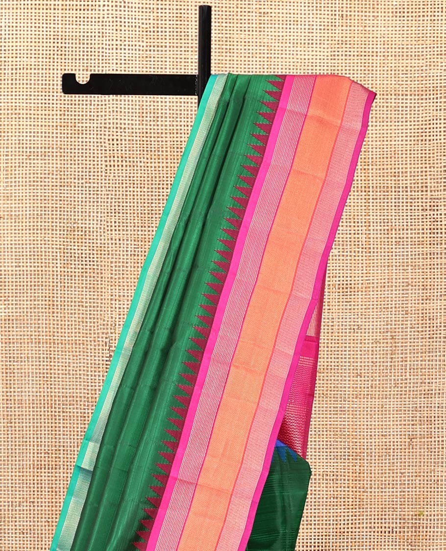 Green-Striped Bangalore Silk Saree, Complemented by a Contrast Temple Ganga-Jamuna Border, Pallu of Temple and Neli Designs, and a Contrast Blouse