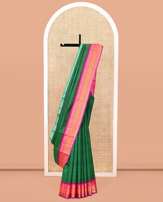 Green-Striped Bangalore Silk Saree, Complemented by a Contrast Temple Ganga-Jamuna Border, Pallu of Temple and Neli Designs, and a Contrast Blouse