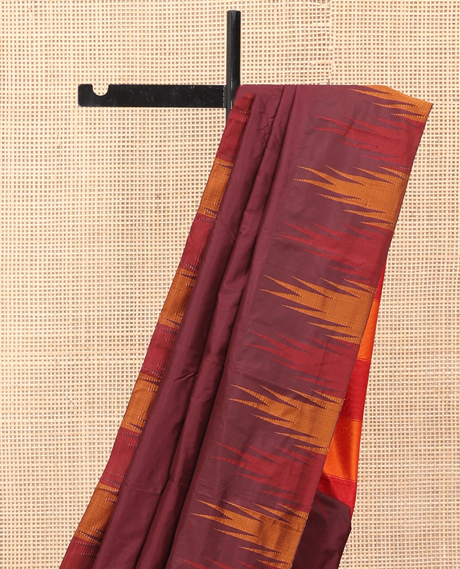 Maroon Plain Bangalore Silk Saree, Complemented by a Contrast Temple Border, Striped Pallu, and a Contrast Blouse