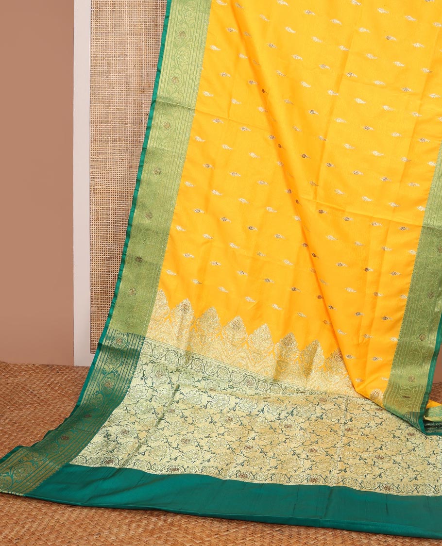 Orange buttas semi banaras nylon with contrast floral design border & floral jaal design pallu