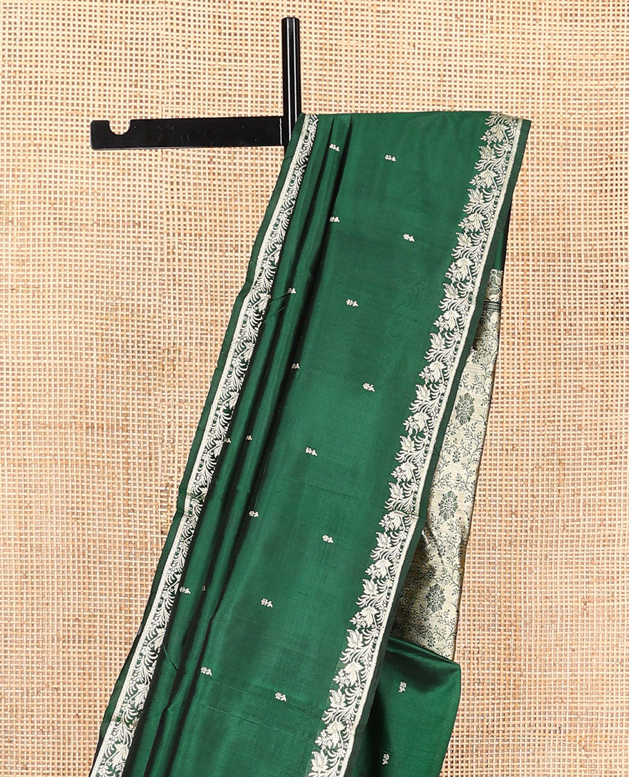 Dark green buttas kathan silk saree, floral creeper border, and Mughal-style floral jaal pallu