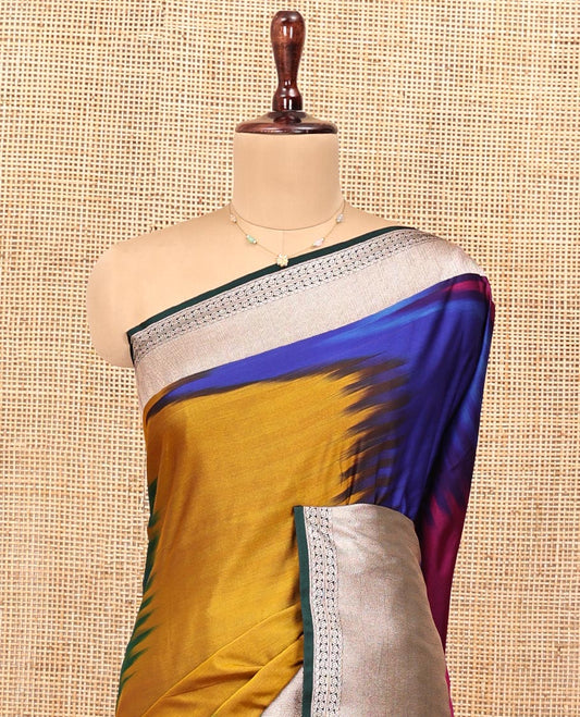 Multi-Color Banarasi Silk Saree, Richly Detailed with Colorful Ikkat Weave on Its Body, Complemented by a Contrast Border of Geometric Designs, Pallu of Geometric Designs, and Paired with a Matching Blouse