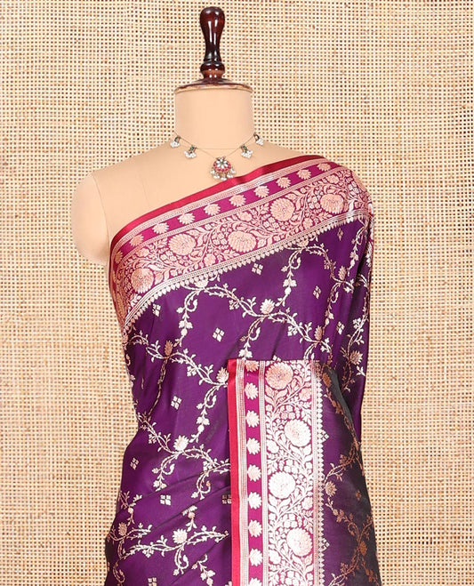 Purple Banarasi Nylon Saree, Gleamed Up with Jaal Jacquard, Contrast Floral Creeper Zari Border, Intricate Pallu, and a Contrast Blouse