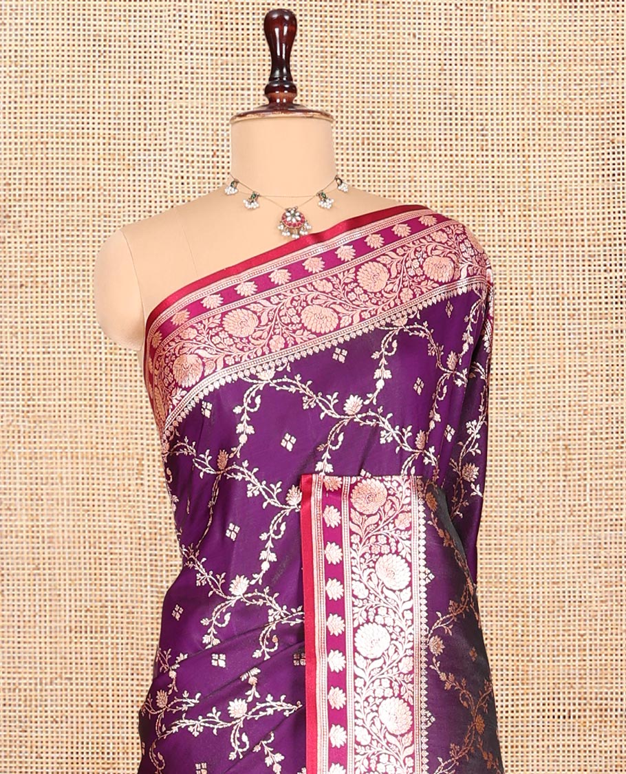 Purple Banarasi Nylon Saree, Gleamed Up with Jaal Jacquard, Contrast Floral Creeper Zari Border, Intricate Pallu, and a Contrast Blouse