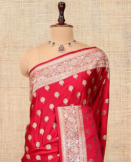 Pink Banarasi Satin Saree, Detailed with Floral Buttas, a Floral Creeper Border, Intricate Stonework Pallu, and a Matching Blouse