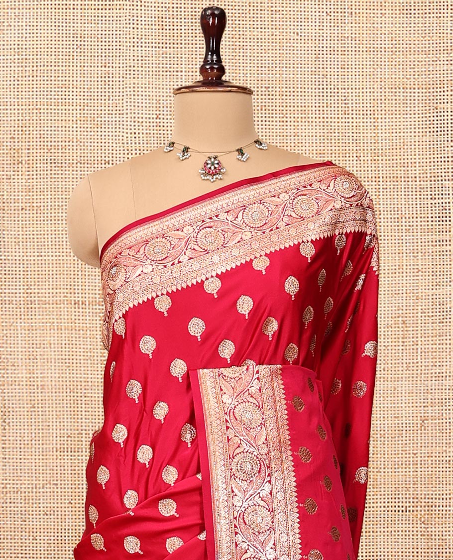 Red Banarasi Satin Saree, Detailed with Floral Buttas, a Floral Creeper Border, Intricate Stonework Pallu, and a Matching Blouse