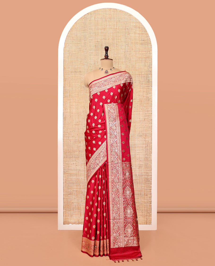 Red Banarasi Satin Saree, Detailed with Floral Buttas, a Floral Creeper Border, Intricate Stonework Pallu, and a Matching Blouse