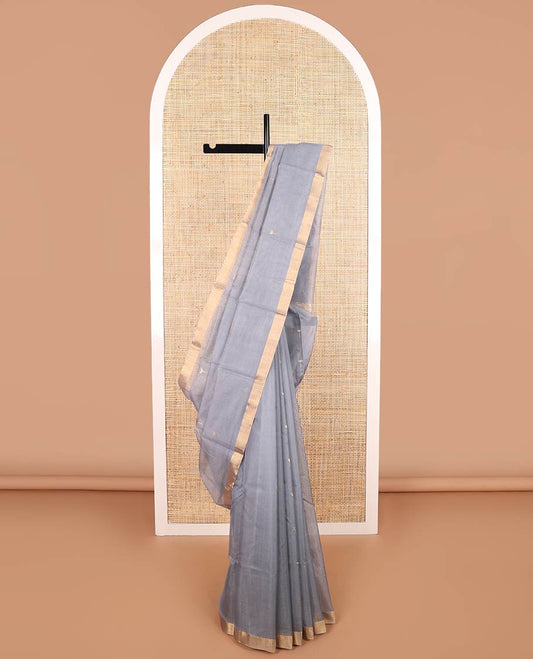 Grey floral motifs chanderi cotton saree with contrast border & striped pallu