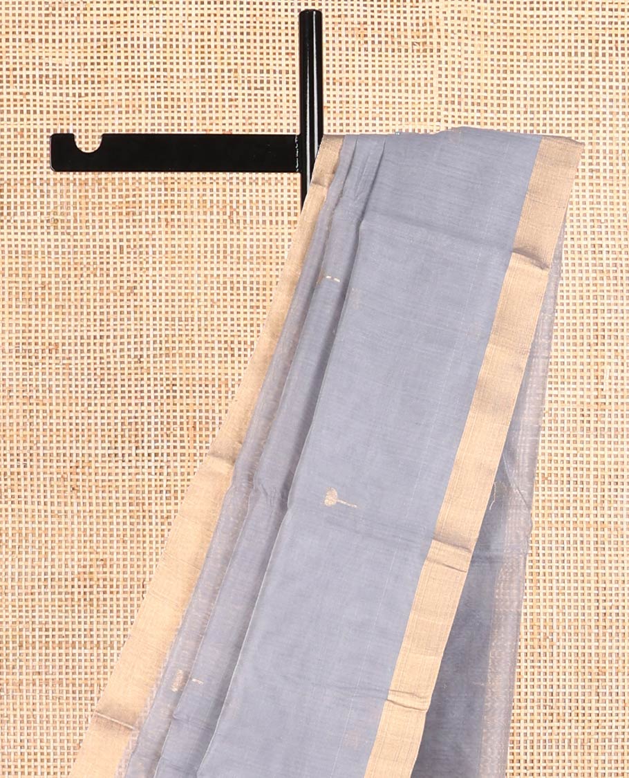 Grey floral motifs chanderi cotton saree with contrast border & striped pallu