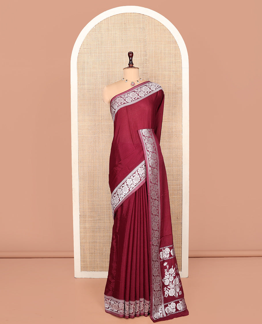 Maroon Plain Fancy Crepe Saree, Mesmerized with a Floral Creeper Border, a Floral Design Pallu, and a Matching Blouse