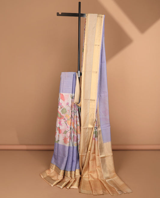 Multi-color peacock printed & zari striped semi-banaras crepe saree, traditional zari border & zari striped pallu