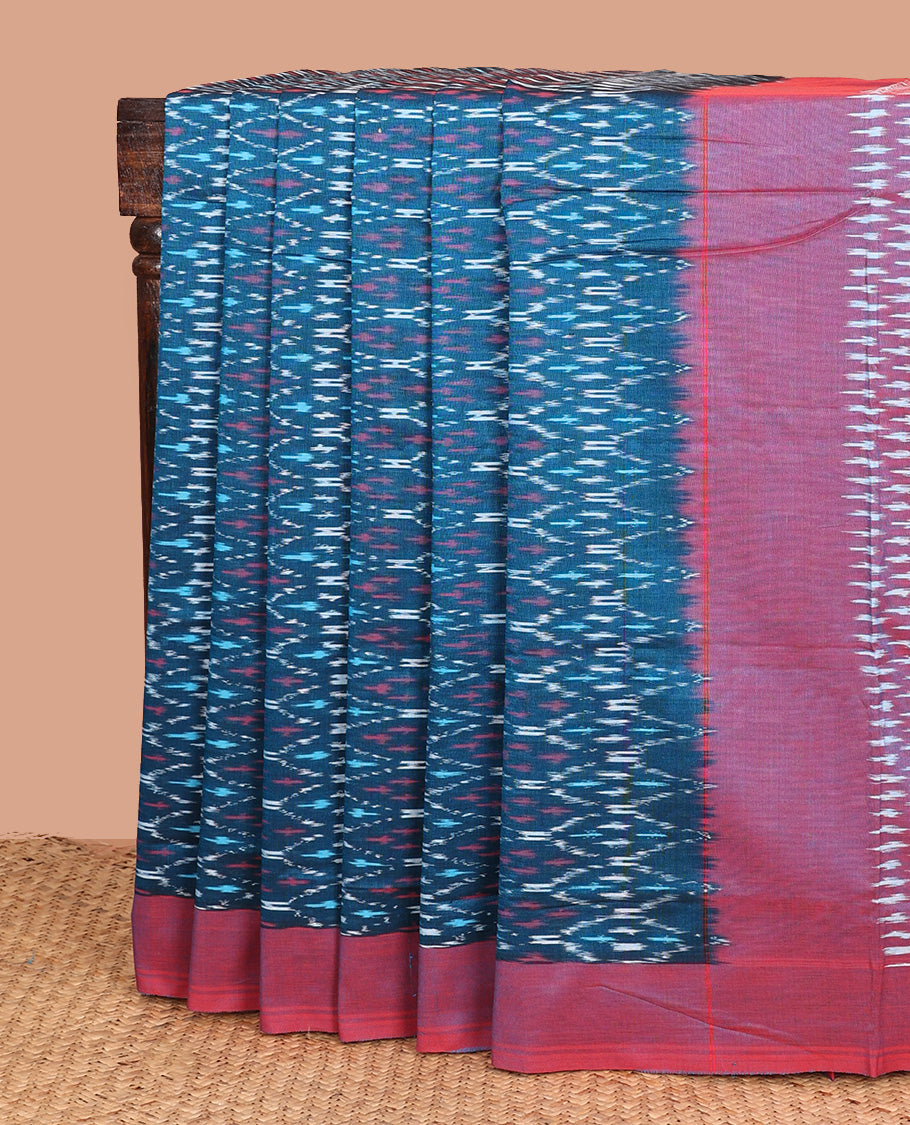 Blue ogee patterned ikkat cotton saree, contrast plain border, and pallu of buttas