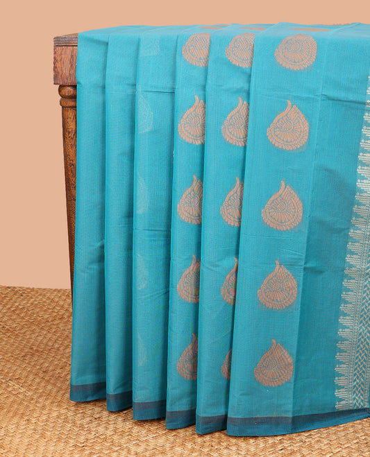 Blue floral design coimbatore cotton saree with contrast zari border & floral design pallu