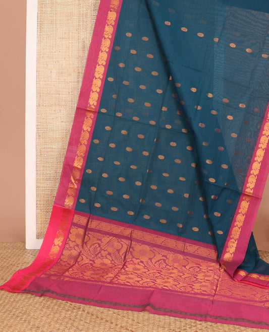 Blue zari buttas Venkatagiri cotton saree, contrast zari border of peacock motifs, and floral design pallu