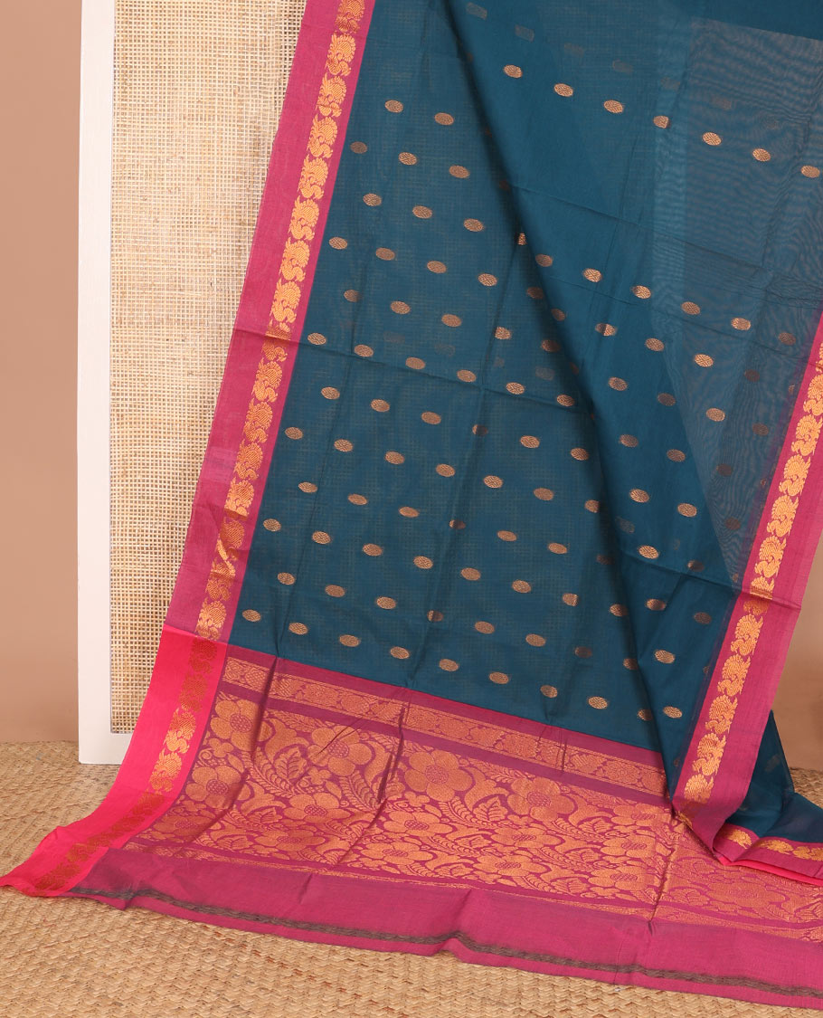Blue zari buttas Venkatagiri cotton saree, contrast zari border of peacock motifs, and floral design pallu