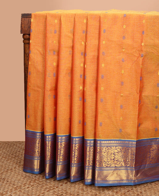 Orange buttas Venkatagiri cotton saree, contrast traditional zari border of floral design, and pallu of intricate buttas