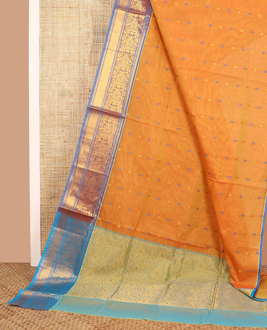Orange buttas Venkatagiri cotton saree, contrast traditional zari border of floral design, and pallu of intricate buttas