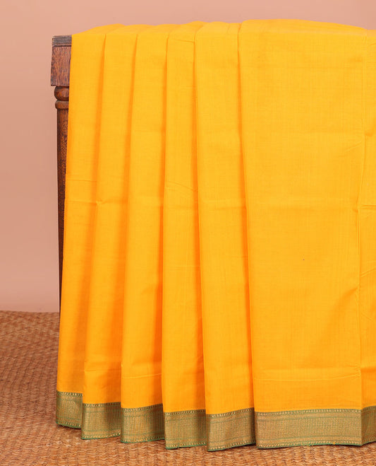 Yellow Plain Mangalagiri Cotton Saree, Complemented by Contrast Traditional Zari Design Border, Gleaming Zari Pallu, and Paired with a Matching Blouse