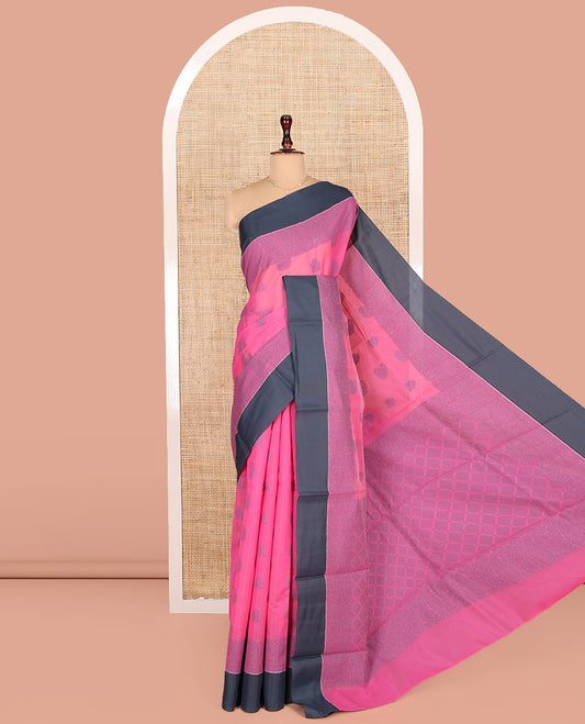 Pink Semi-Silk Cotton Saree, Sparsely Woven with Buttas and Floral-Paisley Design All Over Its Body, Complemented by Contrast Border, Sparsely Woven Pallu of Jaal Designs, and Paired with a Matching Blouse
