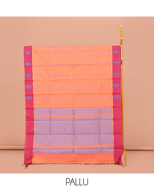 Orange Kanchi Cotton Saree, Woven with Buttas All Over Its Body, Complemented by Contrast Border, Delicately Woven Pallu, and Paired with Matching Blouse