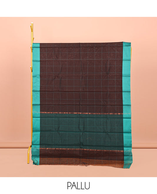 Brown Checked Semi-Silk Cotton Saree, Complemented by a Contrast Border, Pallu Steeped with Stripes, and Paired with a Matching Blouse