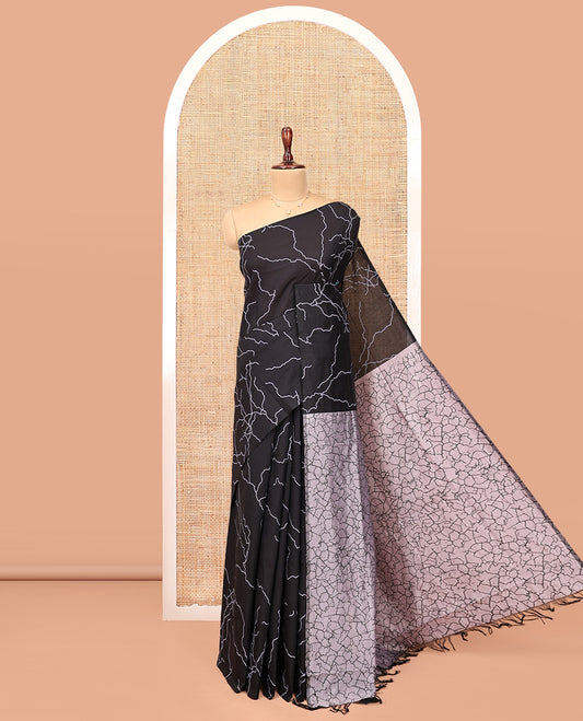 Borderless Black-Grey Poly Cotton Saree, Creatively Printed Like Lightning Strikes, a Contrasting Lightning-Strike-Printed Pallu, and a Contrast Blouse