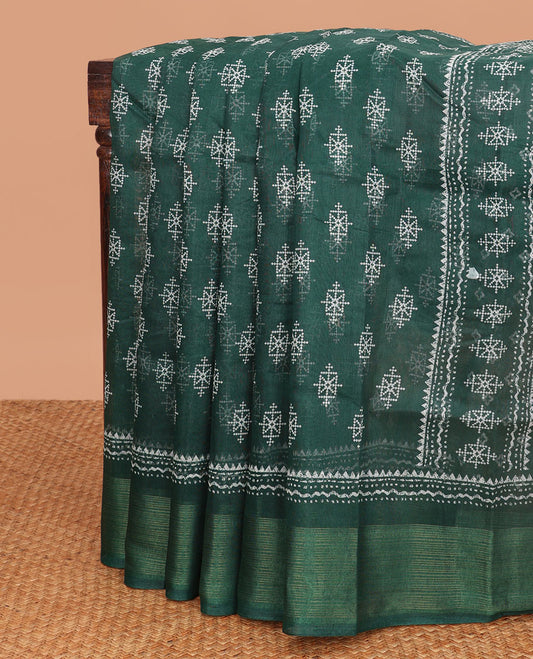 Green geometric motifs budget cotton saree with self floral design border & geometric, floral design pallu