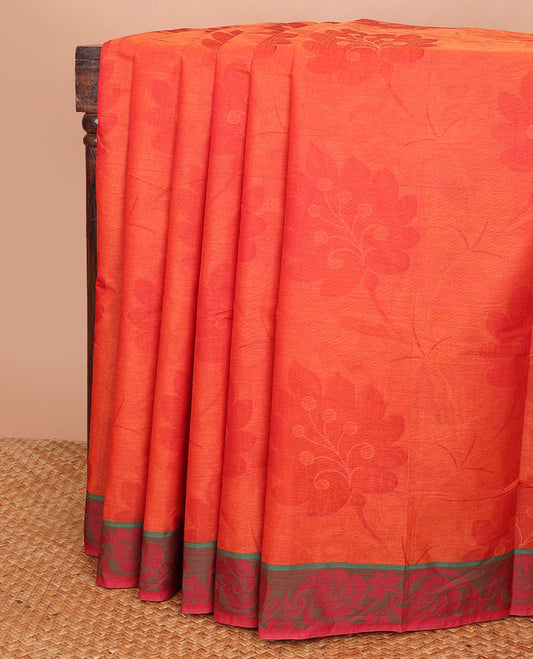 Orange floral design Coimbatore cotton saree, contrast floral & leaf design border & pallu of floral designs