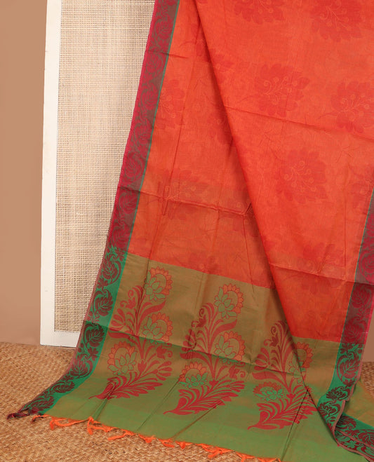 Orange floral design Coimbatore cotton saree, contrast floral & leaf design border & pallu of floral designs