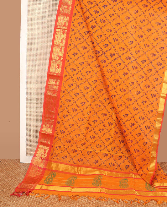 Orange floral butta enclosed jaal printed Andhra cotton saree, contrast traditional zari border & pallu of paisley print & zari stripes