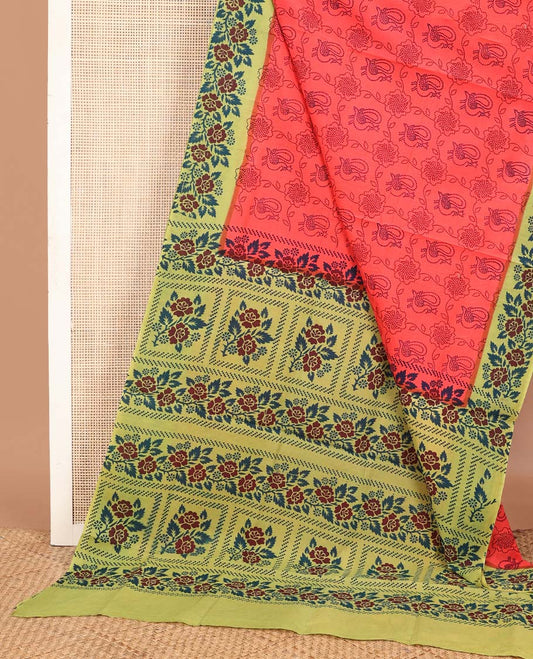 Pink floral & peacock design Sungudi cotton saree, contrast rose floral printed border & rose floral printed pallu