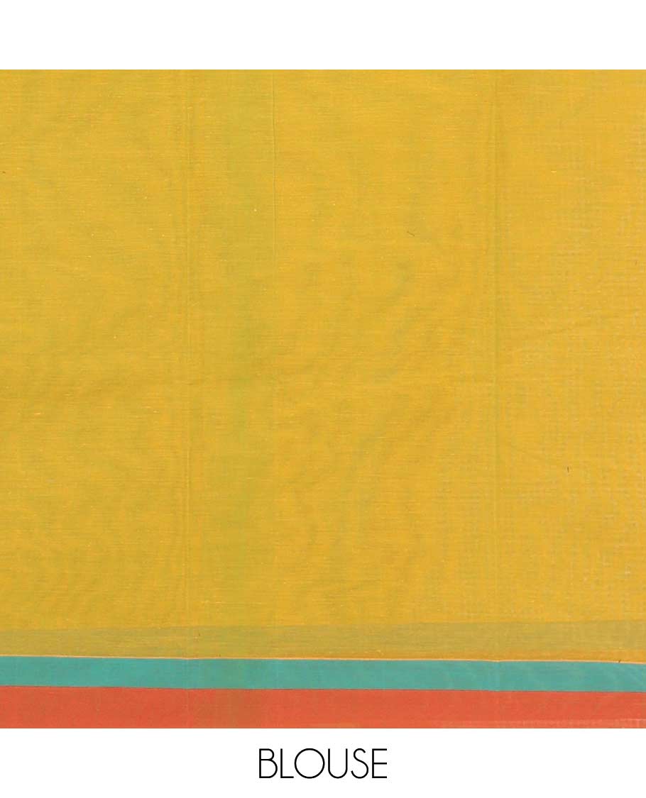 Green geometric and animal motifs printed Coimbatore cotton saree, contrast border, and pallu of elephant, peacock and leaf motifs