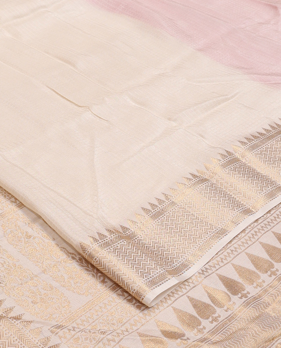 Dazzling white sparsely checked silk saree, traditional zari border, and traditional pallu of paisleys