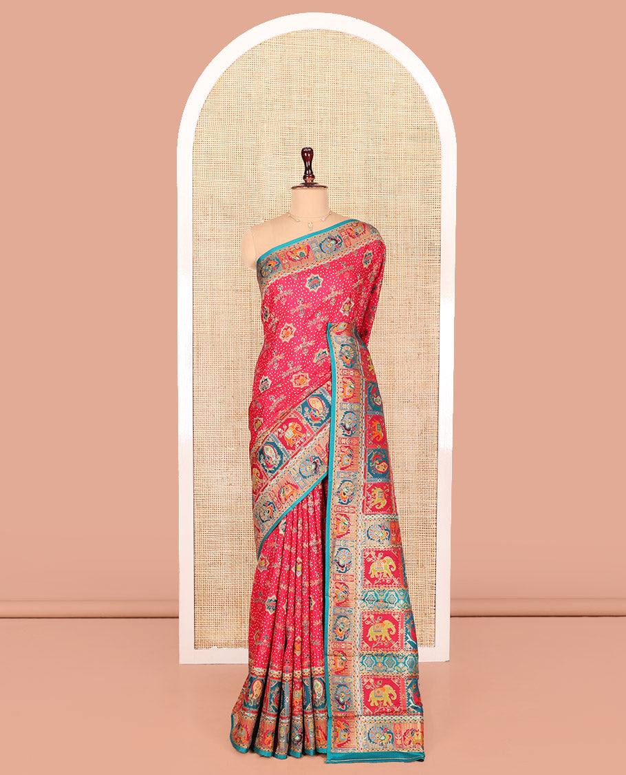 Pink Dola Silk Saree, Mesmerized with Colorful Motifs Printed on Its Body, Complemented by Contrast Peacock-Elephant Border, Pallu of Butta Enclosed Checked Print, and Paired with a Contrast Blouse