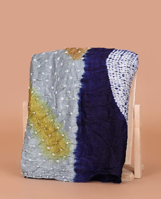 Borderless Navy Blue Bandhani Dola Silk Saree