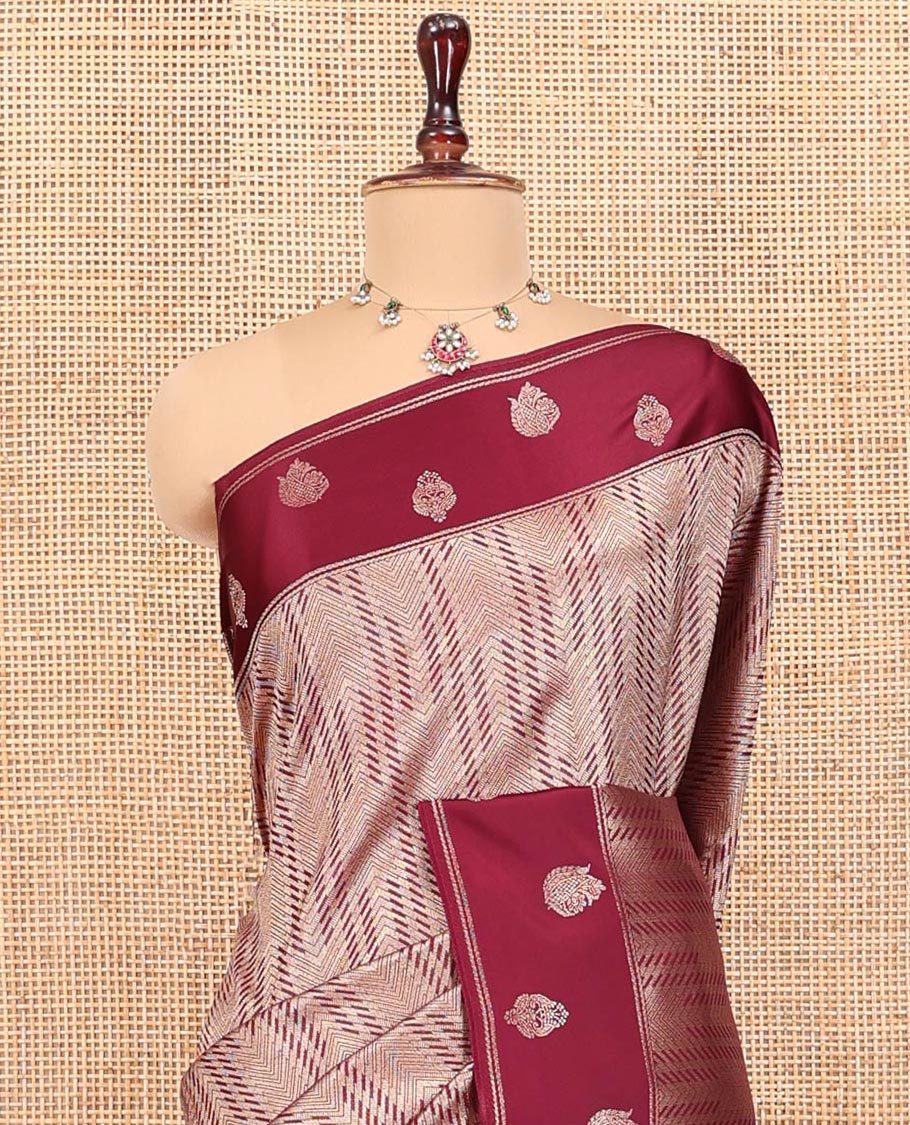 Magenta Pink Russian Dola Silk Saree, Gracefully Embellished with Zari Zig-Zag Jacquard on Its Body, Highlighted by Zari Buttas Woven Satin Border, Intricately Designed Pallu, and Paired with a Matching Blouse