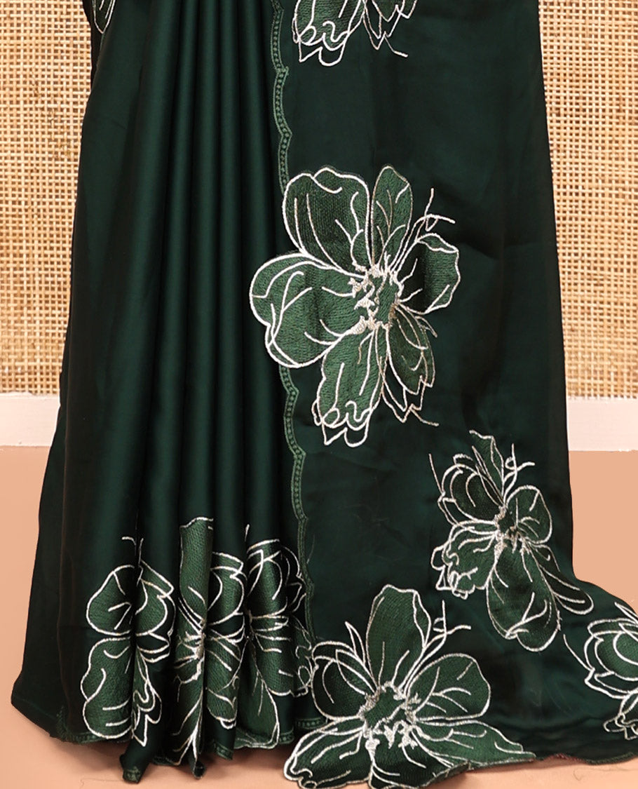 Olive Green Satin Organza Saree, Steeped in the Prettiness of Floral Embroidery, Floral Embroidered Scallop Border, and a Matching Blouse