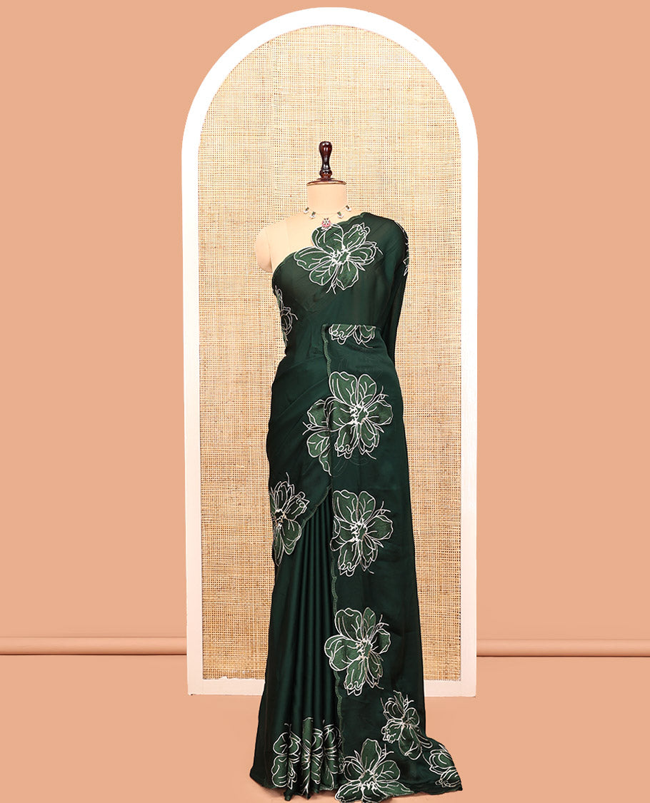 Olive Green Satin Organza Saree, Steeped in the Prettiness of Floral Embroidery, Floral Embroidered Scallop Border, and a Matching Blouse