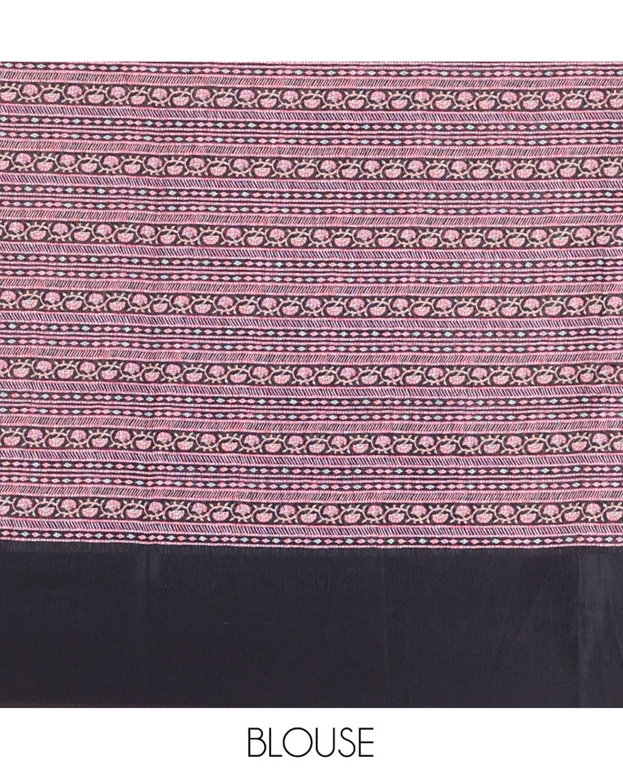 Black Green-Silk Saree, Adorned with Floral Motifs, Block Print on Its Body, Complemented by a Contrast Thread Embroidered Border, Pallu of Floral Block Print, and Paired with a Contrast Blouse