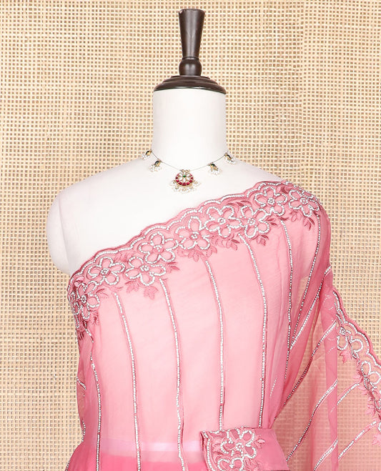 Pink vertically aligned Swarovski crystal stones embroidered designer saree, scallop thread woven flower stone work border