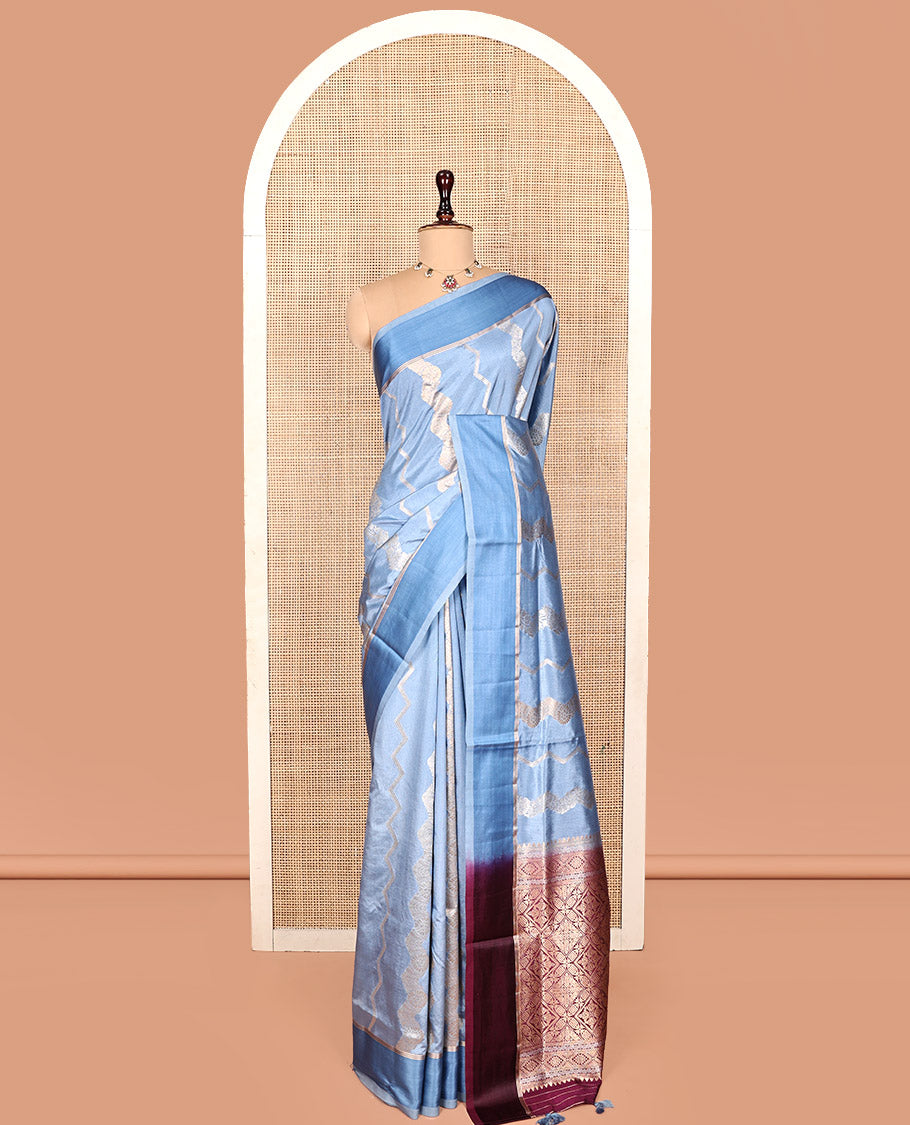 Blue Dupion Silk Saree, Richly Detailed with Floral Creeper and Chevron Stripes, Complemented by Contrast Border, Pallu of Jaal Design, and a Contrast Blouse