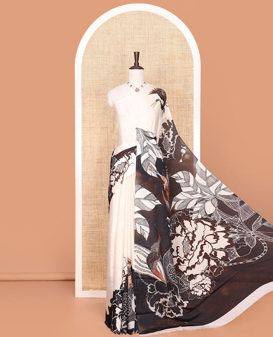 Borderless White Georgette Saree Embellished with Bird and Floral Motifs Printed All Over Its Body, Complemented by a Contrast Pallu of Different Floral Motif Prints, and Paired with a Contrast Vines Printed Blouse