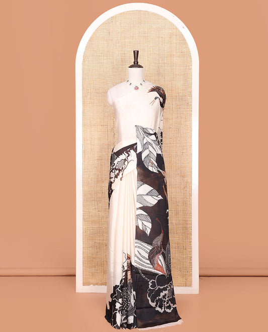 Borderless White Georgette Saree Embellished with Bird and Floral Motifs Printed All Over Its Body, Complemented by a Contrast Pallu of Different Floral Motif Prints, and Paired with a Contrast Vines Printed Blouse