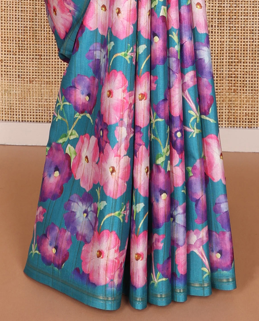 Borderless blue floral print kamala silk saree with plain blouse