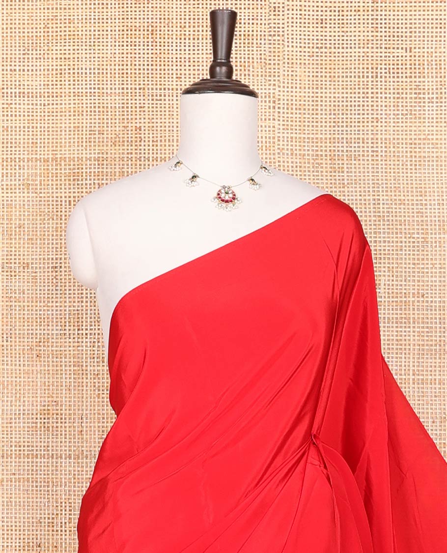 Borderless red kamala silk saree with floral printed blouse